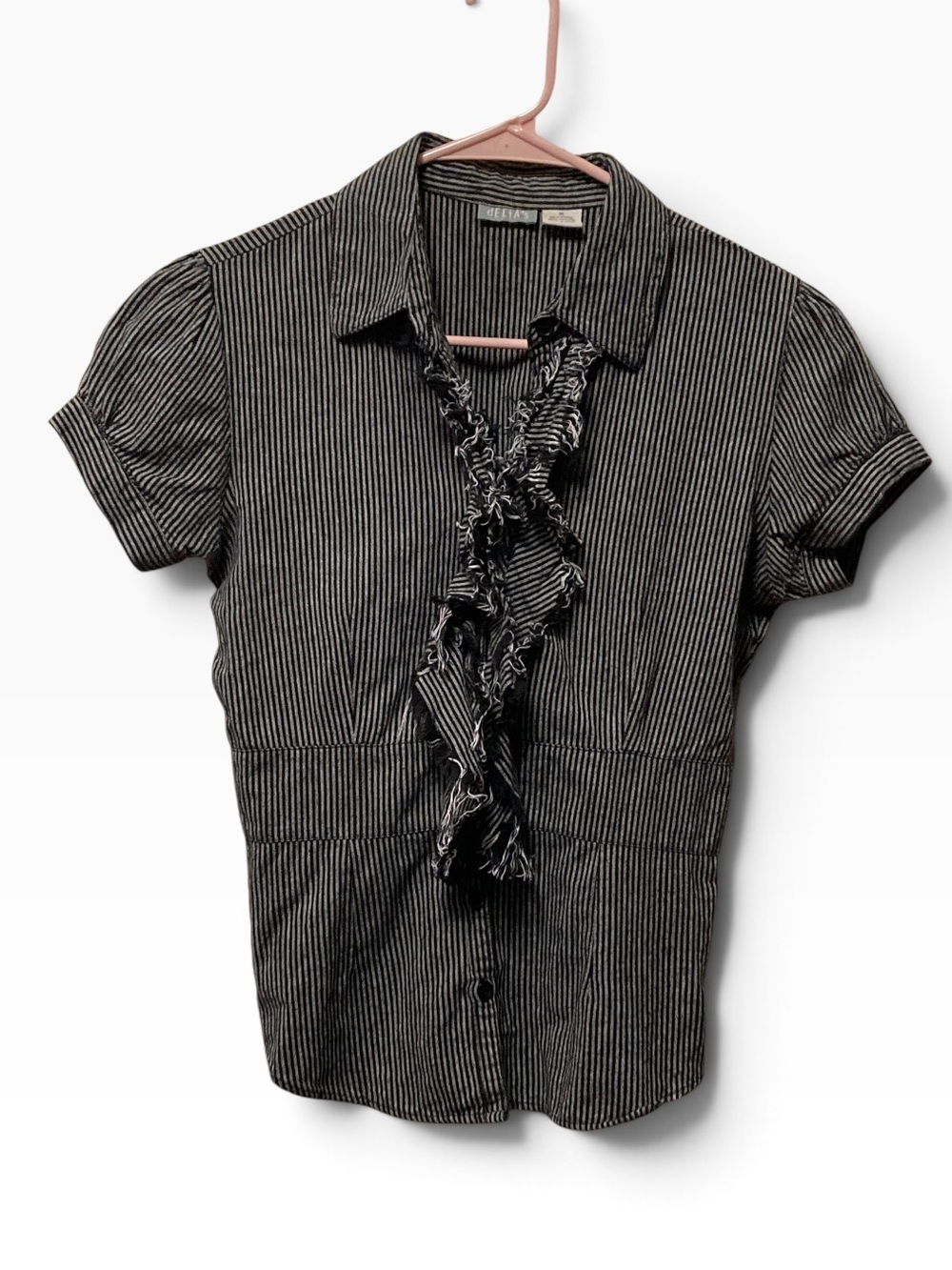 Delia’s Y2K Vintage Grunge Corporate Striped Ruffle Front Short-Sleeve Shirt - B